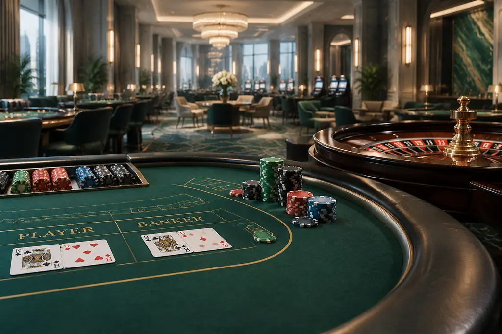 Ruang kasino dengan meja kartu dan roda roulette dalam warna hijau pinus