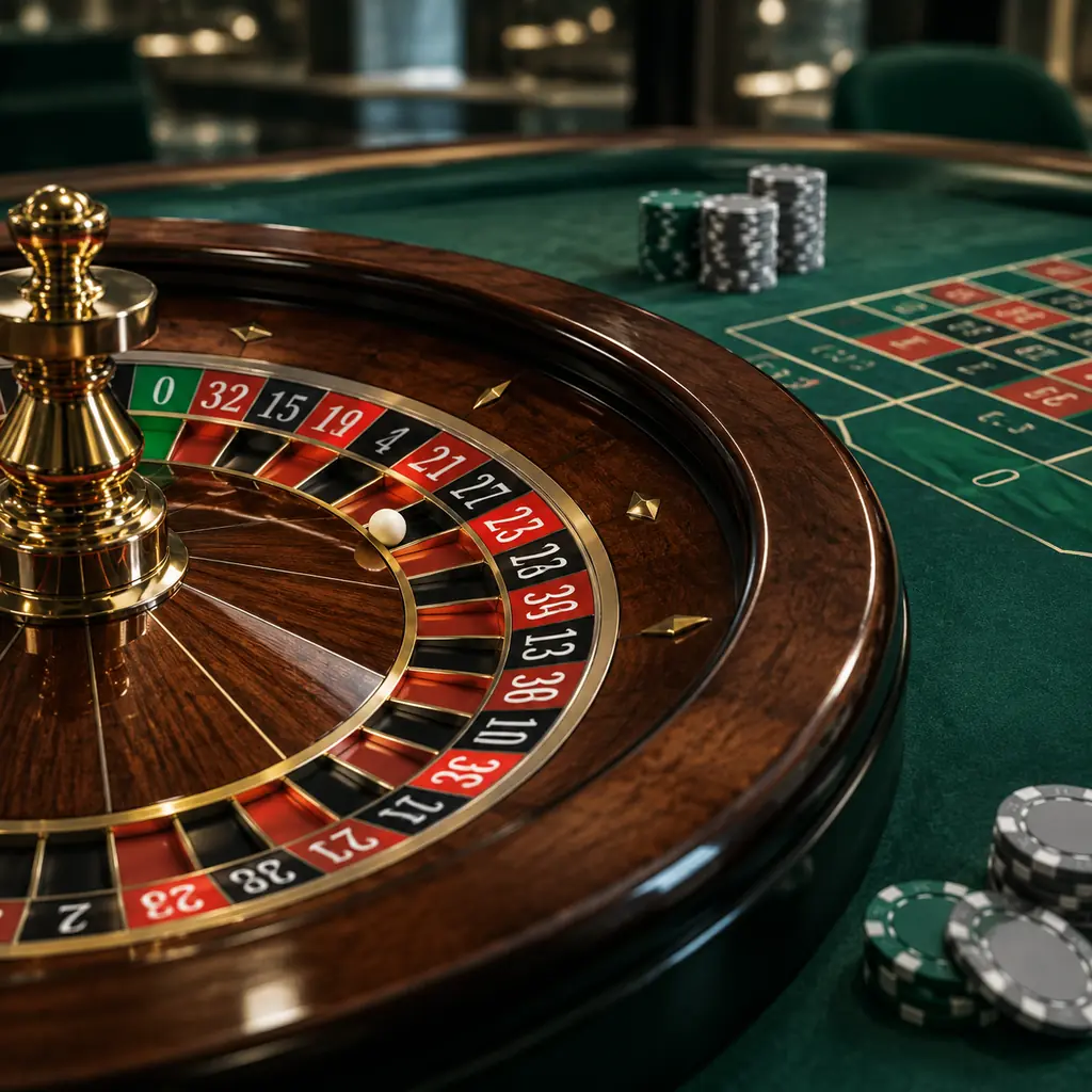 Roda roulette dan tata letak taruhan di atas kain hijau