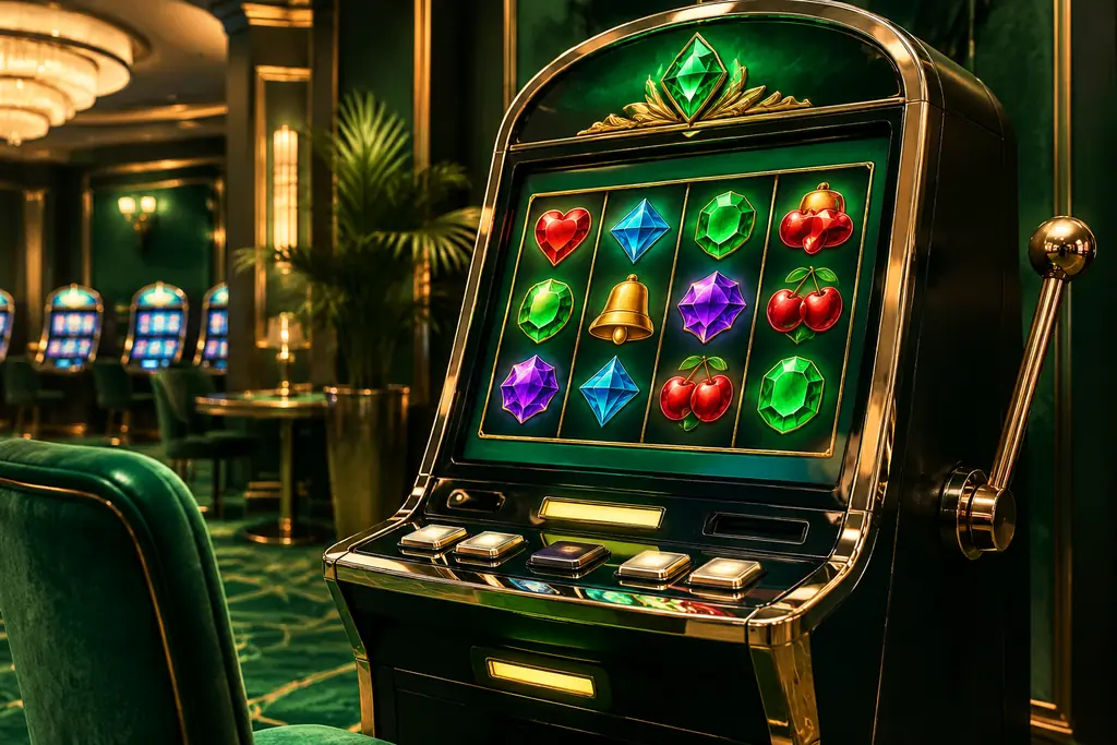 Mesin slot dengan simbol permata di ruang kasino